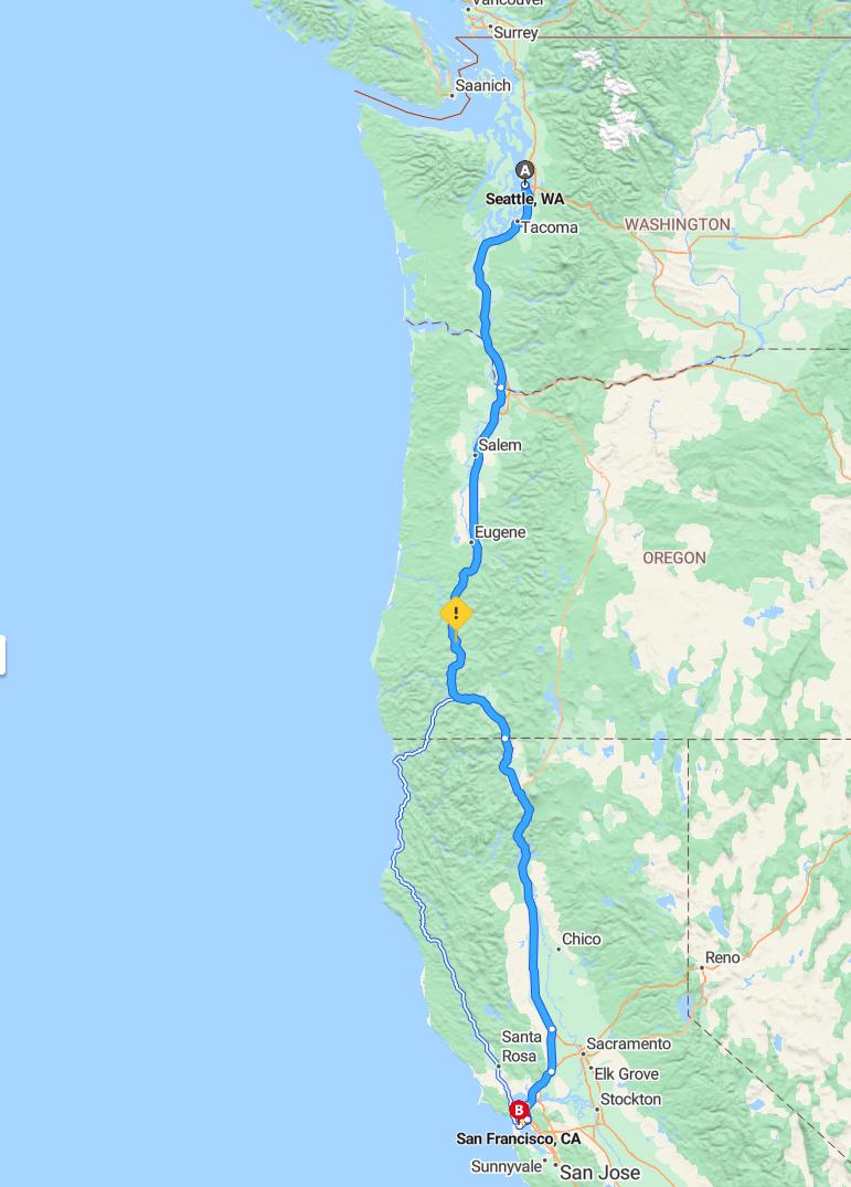 driving from Seattle, Washington to San FranciscoCalifornia - map and route