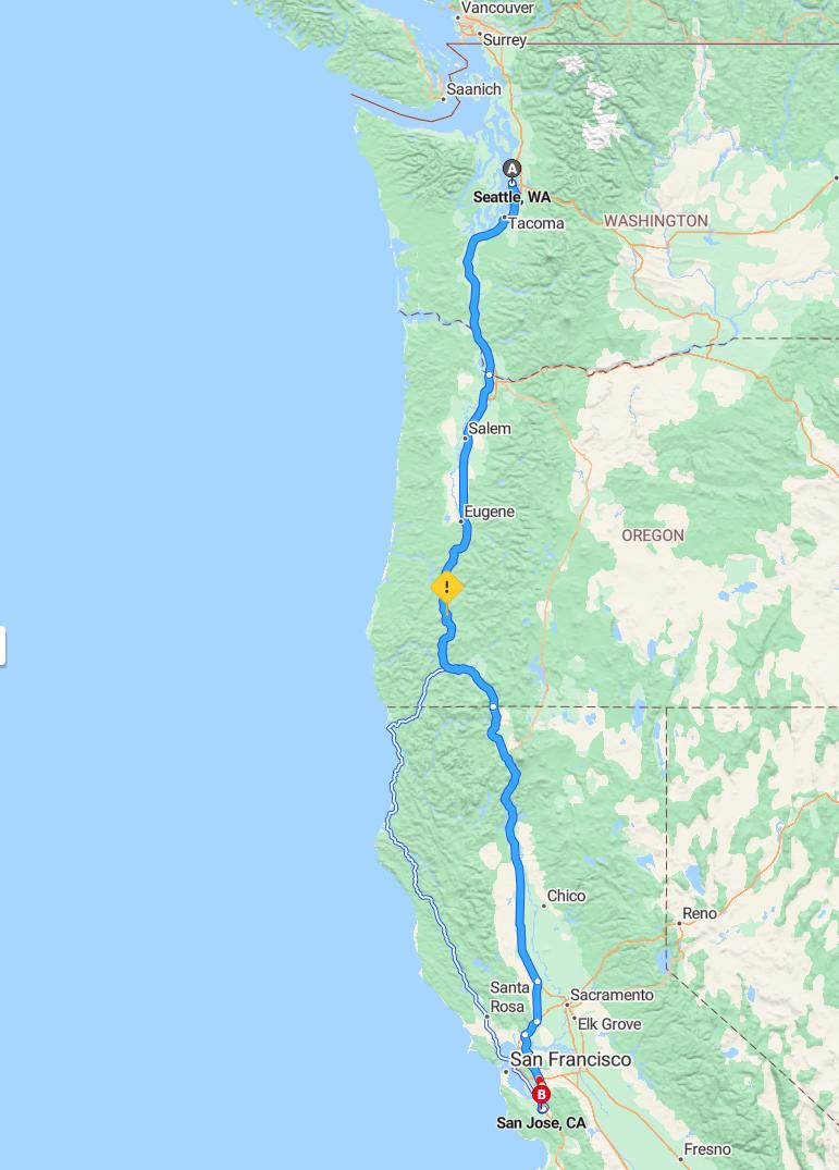 driving from Seattle, Washington to San JoseCalifornia - map and route