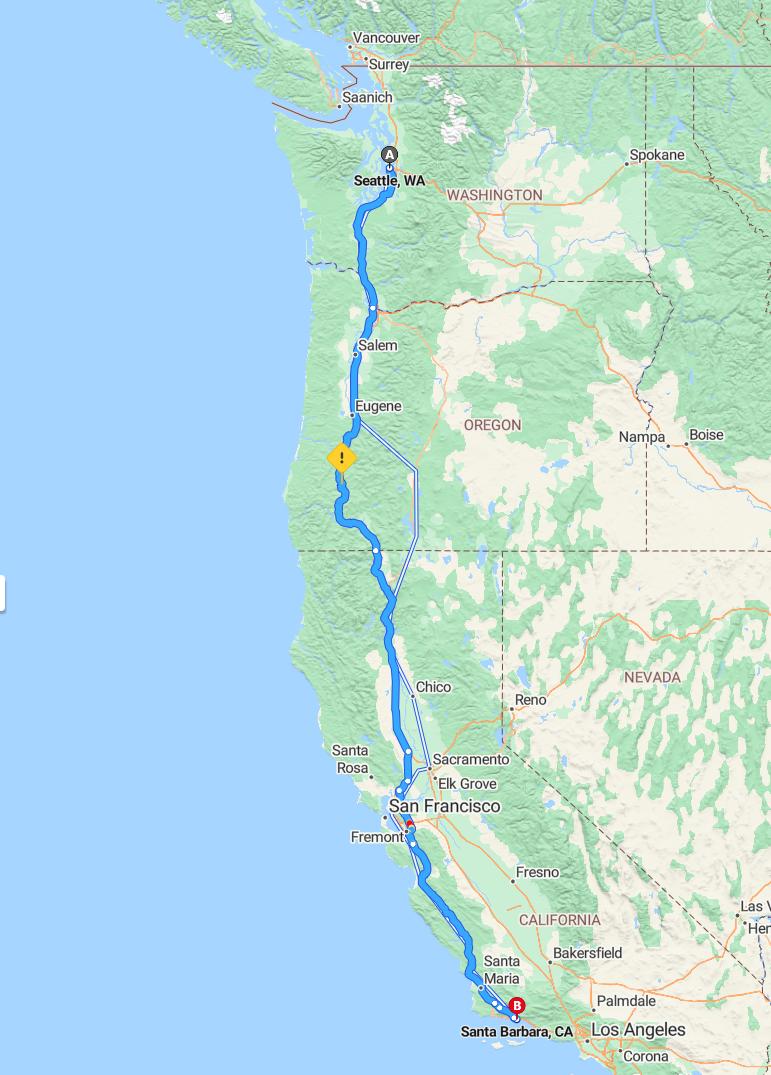 driving from Seattle, Washington to Santa BarbaraCalifornia - map and route