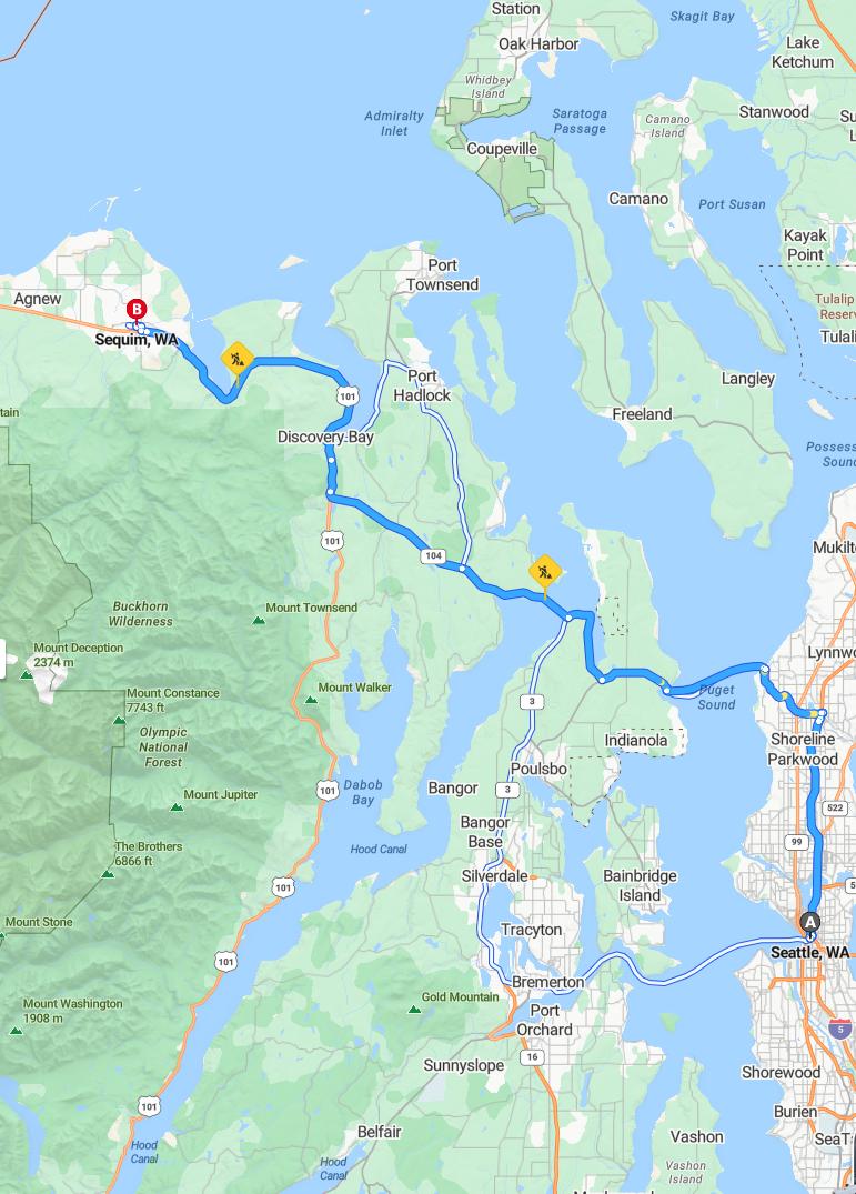 driving from Seattle, Washington to SequimWashington - map and route