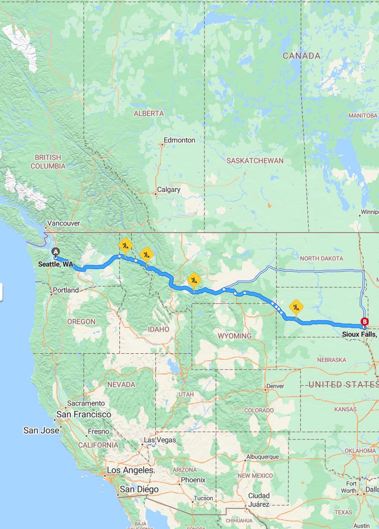 driving from Seattle, Washington to Sioux FallsSouth Dakota - map and route