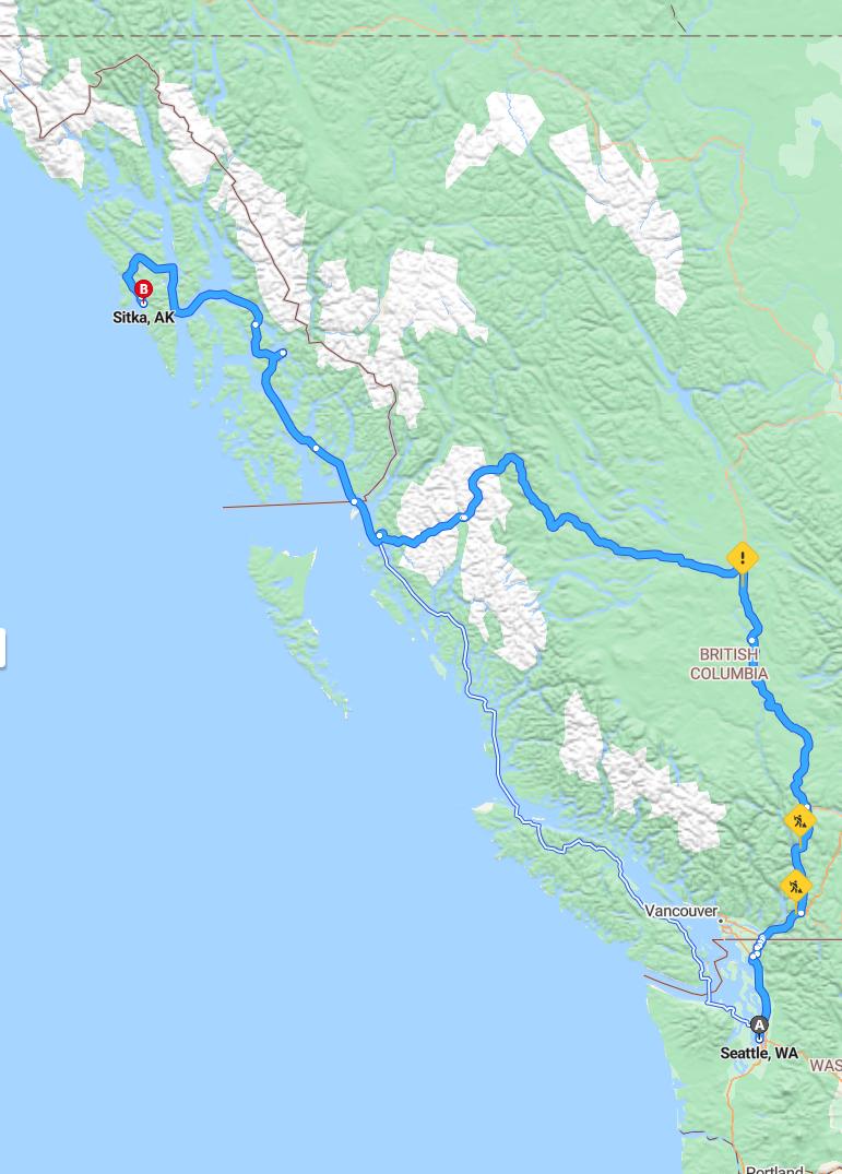 driving from Seattle, Washington to SitkaAlaska - map and route