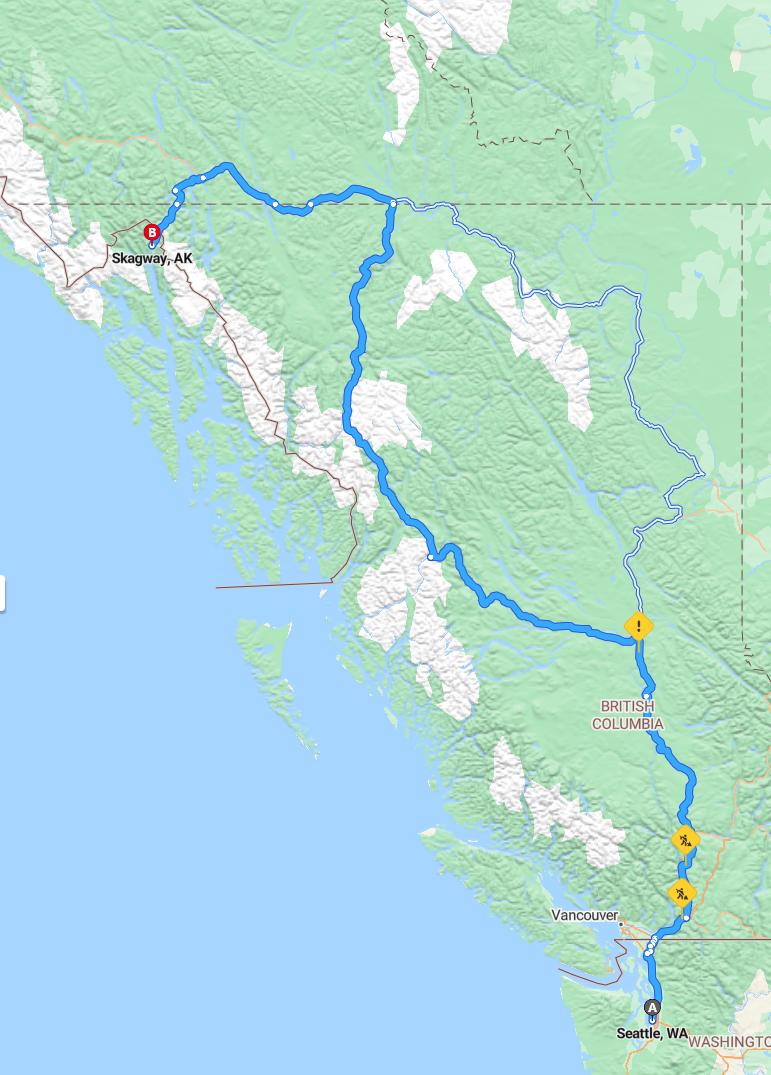 driving from Seattle, Washington to SkagwayAlaska - map and route
