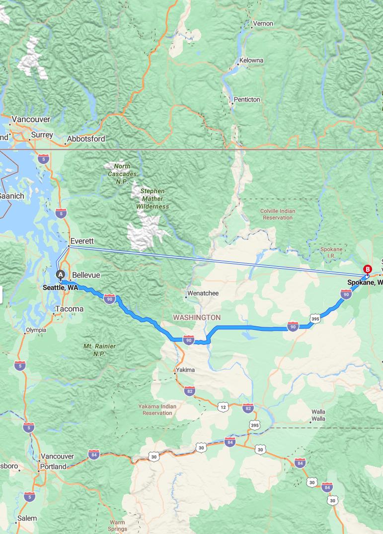 driving from Seattle, Washington to SpokaneWashington - map and route