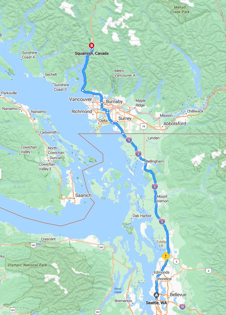 driving from Seattle, Washington to SquamishBritish Columbia - map and route