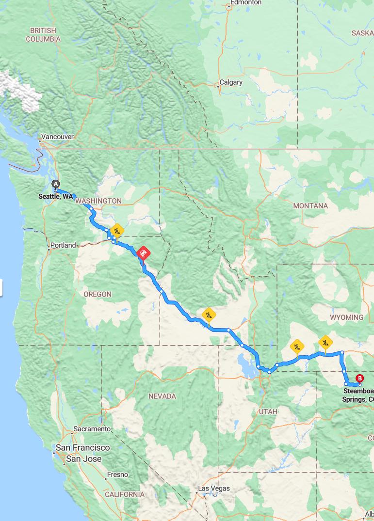 driving from Seattle, Washington to Steamboat SpringsColorado - map and route