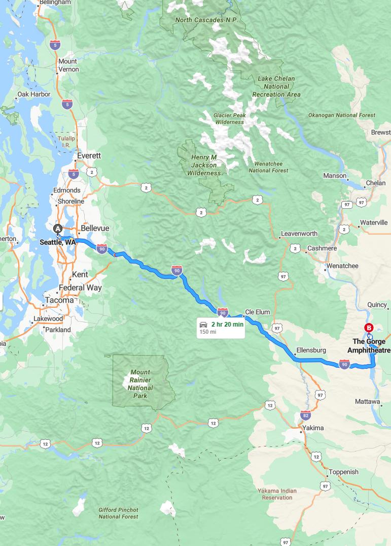 driving from Seattle, Washington to The GorgeWashington - map and route