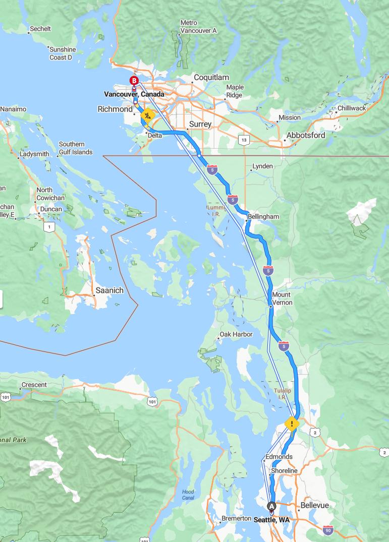 driving from Seattle, Washington to VancouverBritish Columbia - map and route