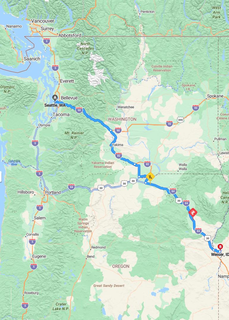 driving from Seattle, Washington to WeiserIdaho - map and route
