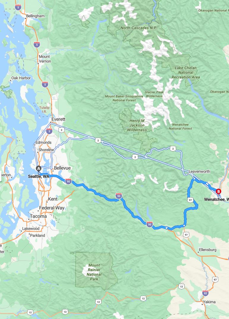 driving from Seattle, Washington to WenatcheeWashington - map and route