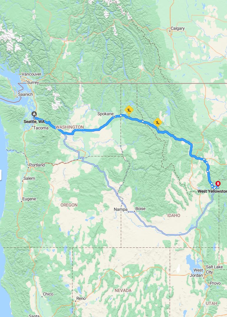 driving from Seattle, Washington to West YellowstoneMontana - map and route