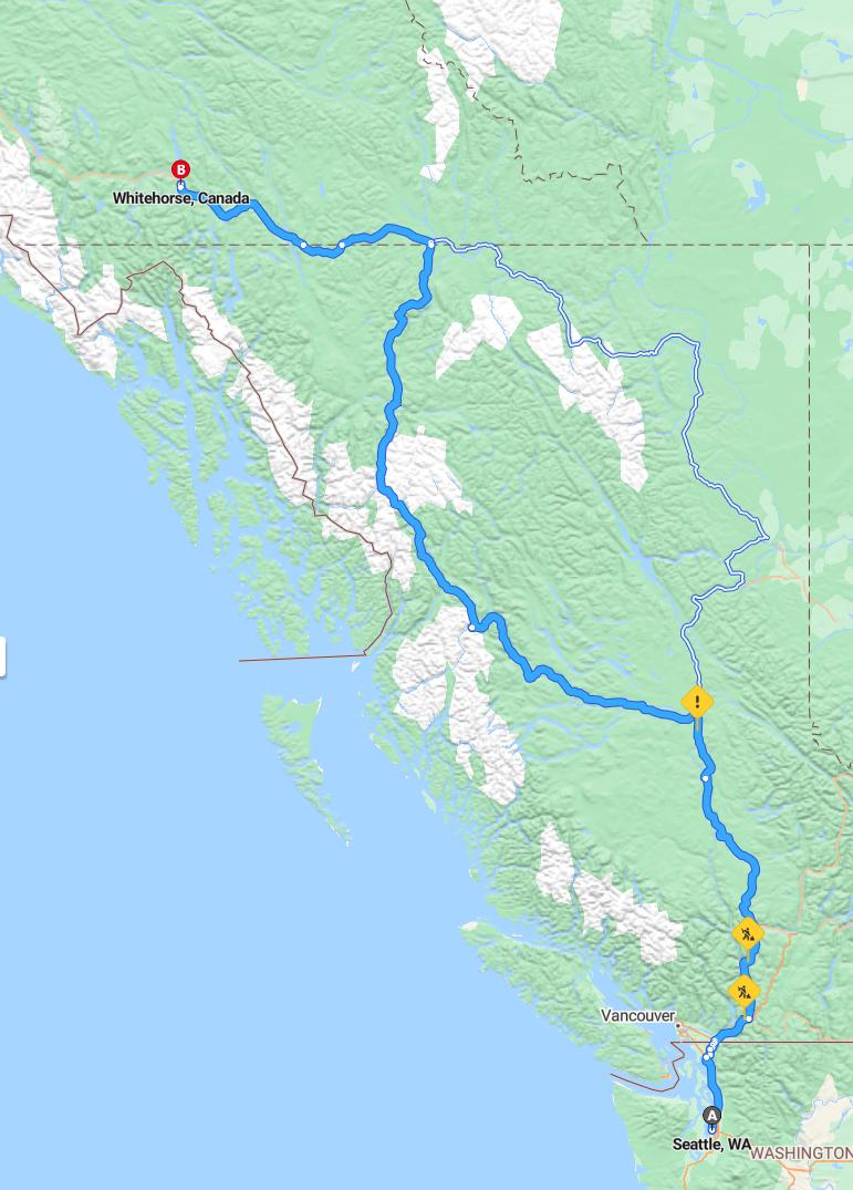 driving from Seattle, Washington to WhitehorseYukon - map and route