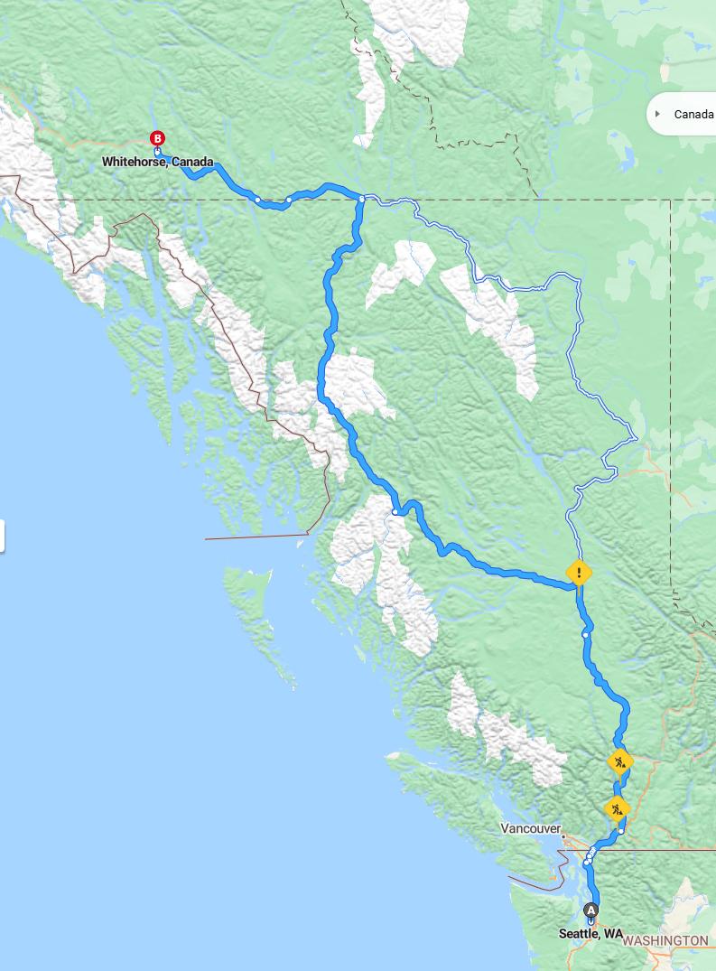 driving from Seattle, Washington to WhitehorseYukon Territory - map and route