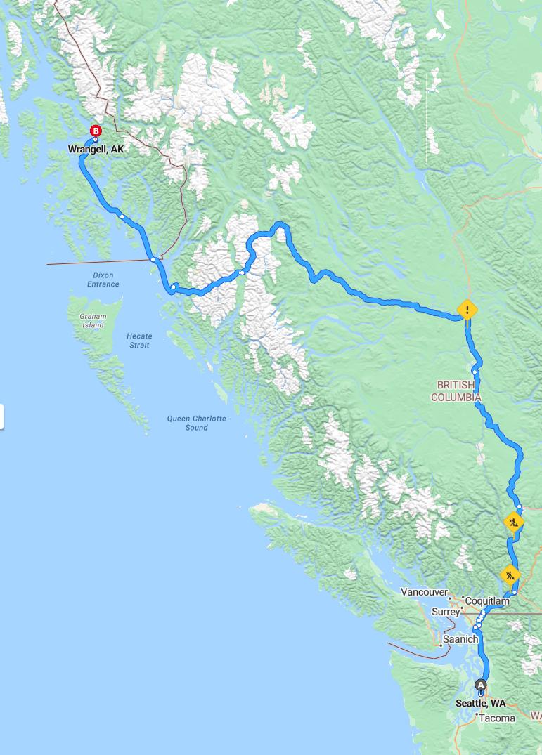 driving from Seattle, Washington to WrangellAlaska - map and route