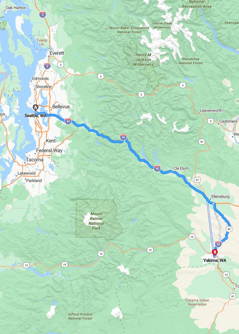driving from Seattle, Washington to YakimaWashington - map and route