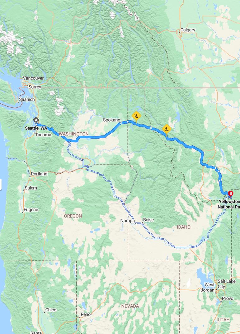 driving from Seattle, Washington to YellowstoneWyoming - map and route