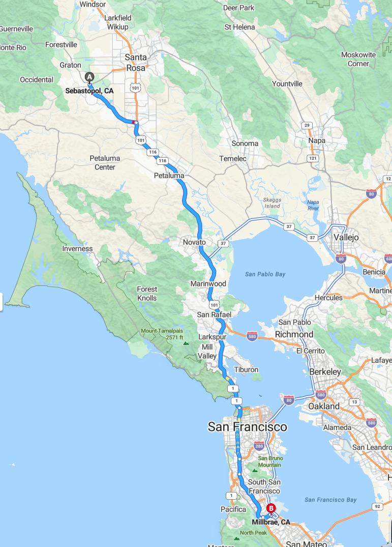 driving from Sebastopol, California to MillbraeCalifornia - map and route