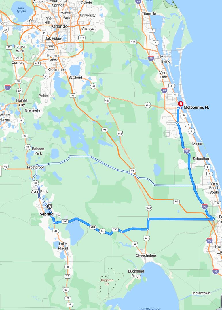driving from Sebring, Florida to MelbourneFlorida - map and route