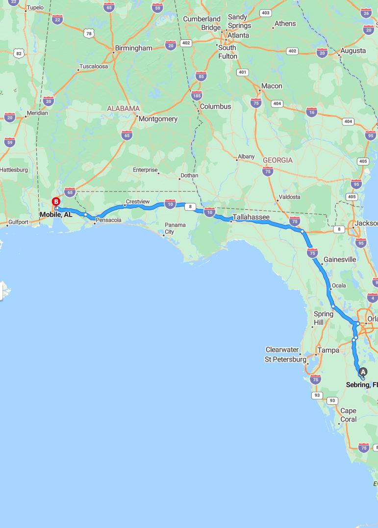 driving from Sebring, Florida to MobileAlabama - map and route