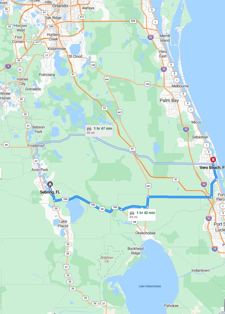 driving from Sebring, Florida to Vero BeachFlorida - map and route
