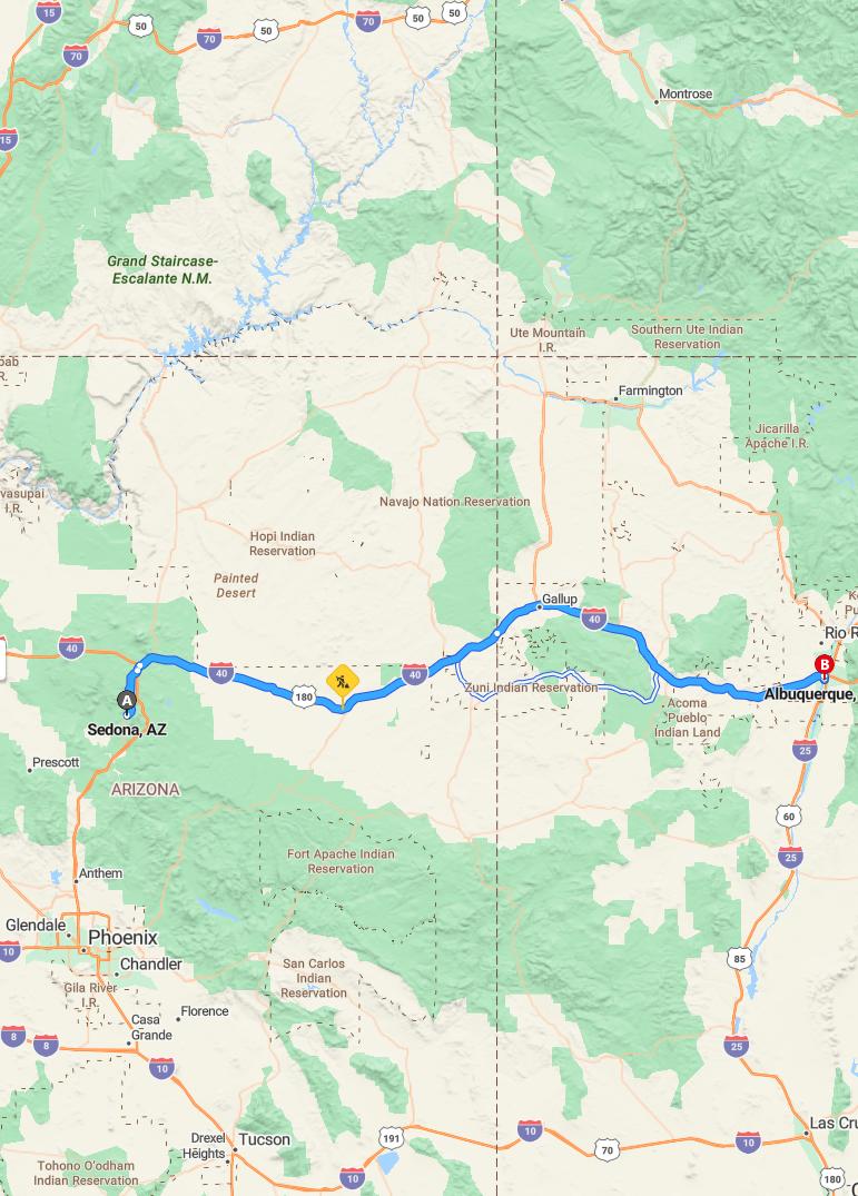 driving from Sedona, Arizona to AlbuquerqueNew Mexico - map and route