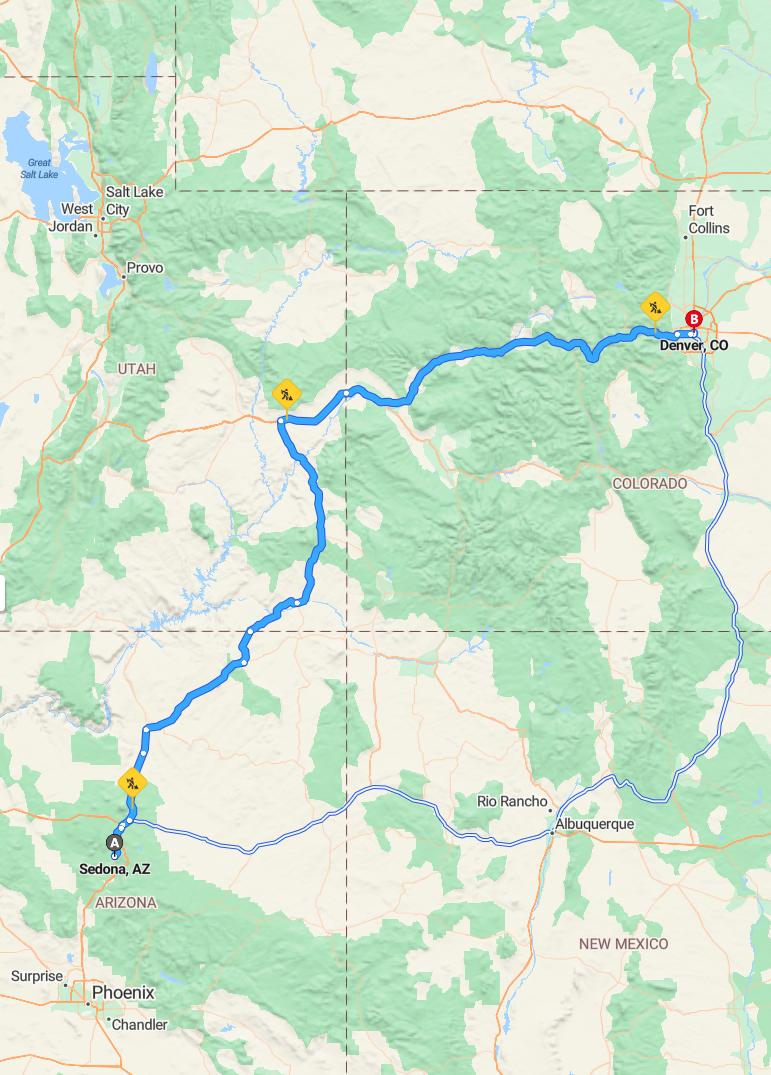 driving from Sedona, Arizona to DenverColorado - map and route