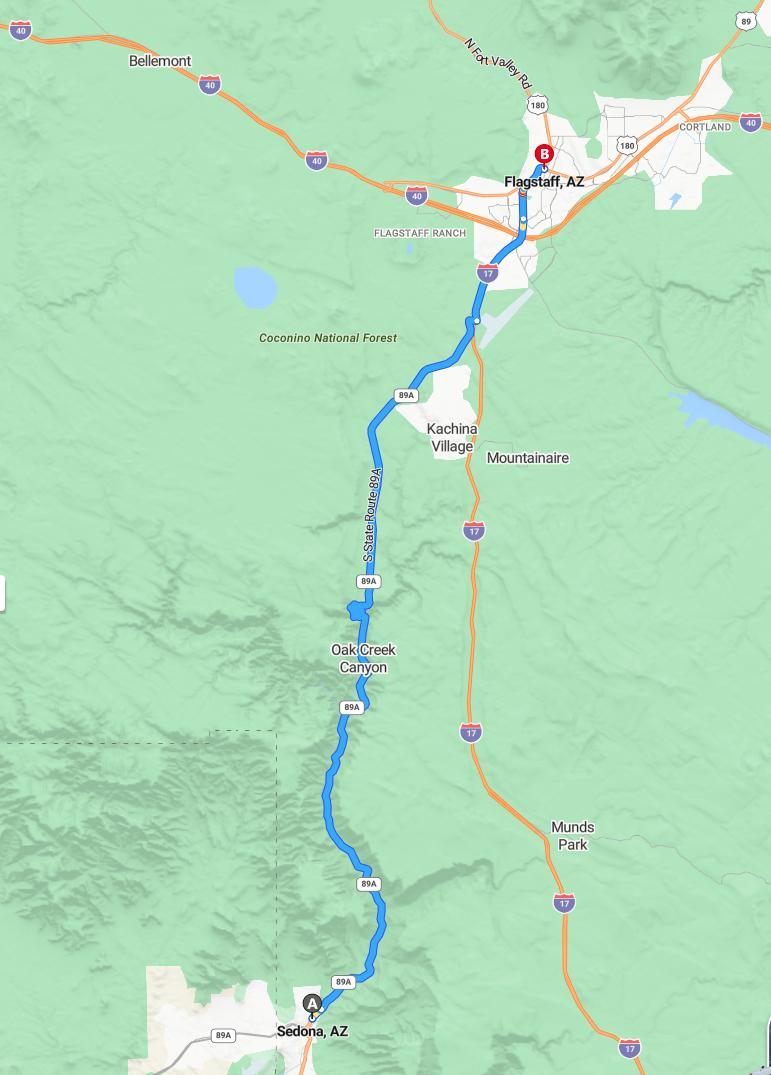 driving from Sedona, Arizona to FlagstaffArizona - map and route