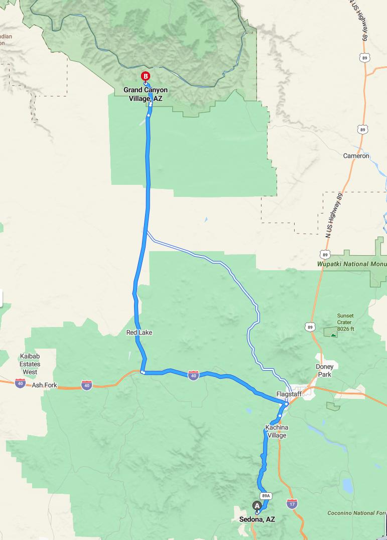 driving from Sedona, Arizona to Grand Canyon VillageArizona - map and route