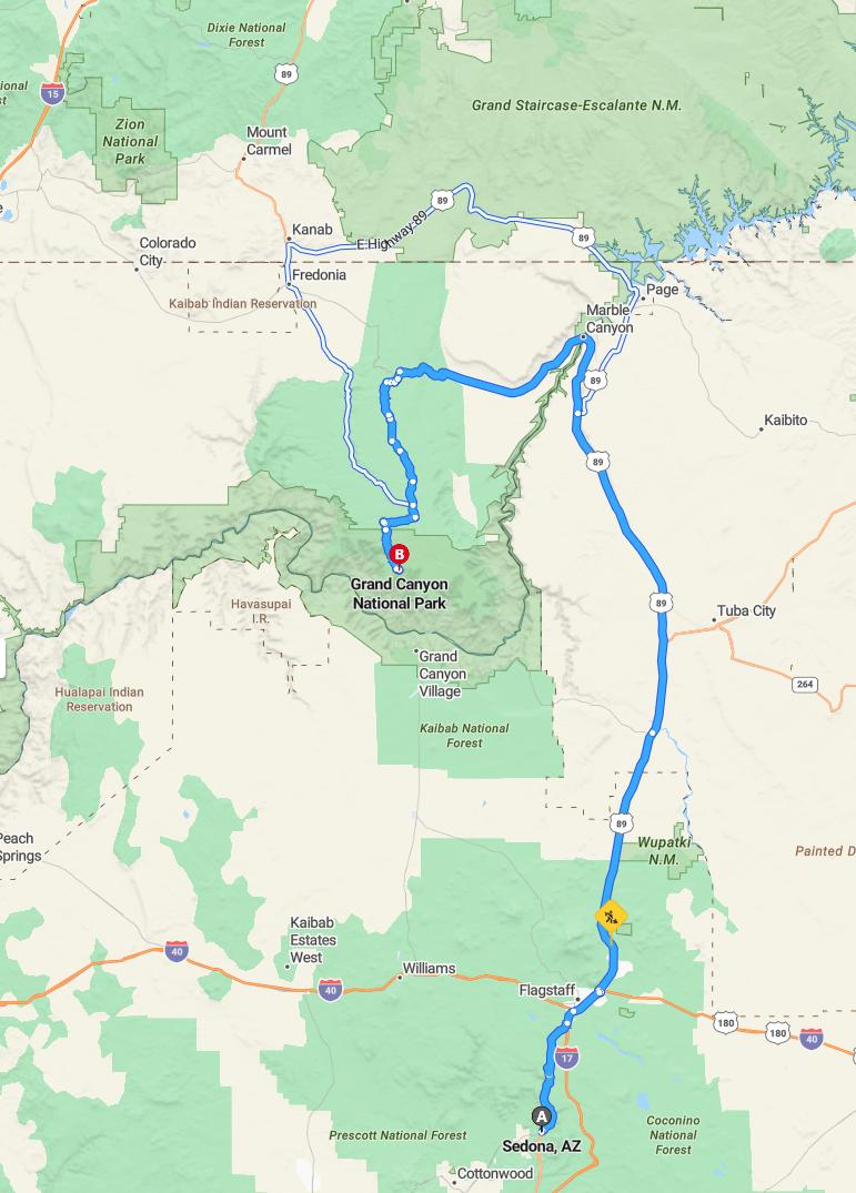 driving from Sedona, Arizona to Grand CanyonArizona - map and route