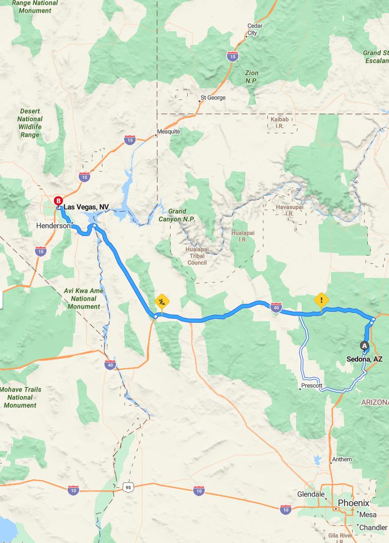 driving from Sedona, Arizona to Las VegasNevada - map and route