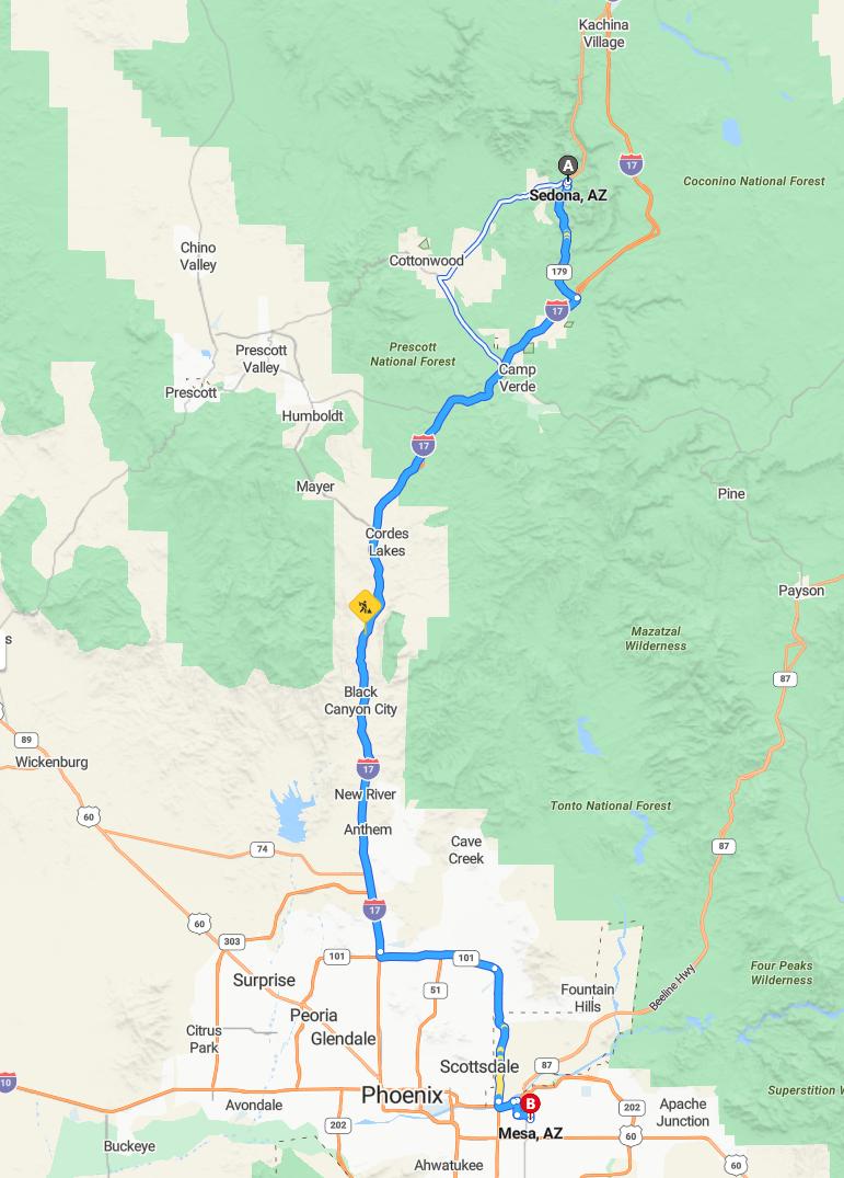 driving from Sedona, Arizona to MesaArizona - map and route