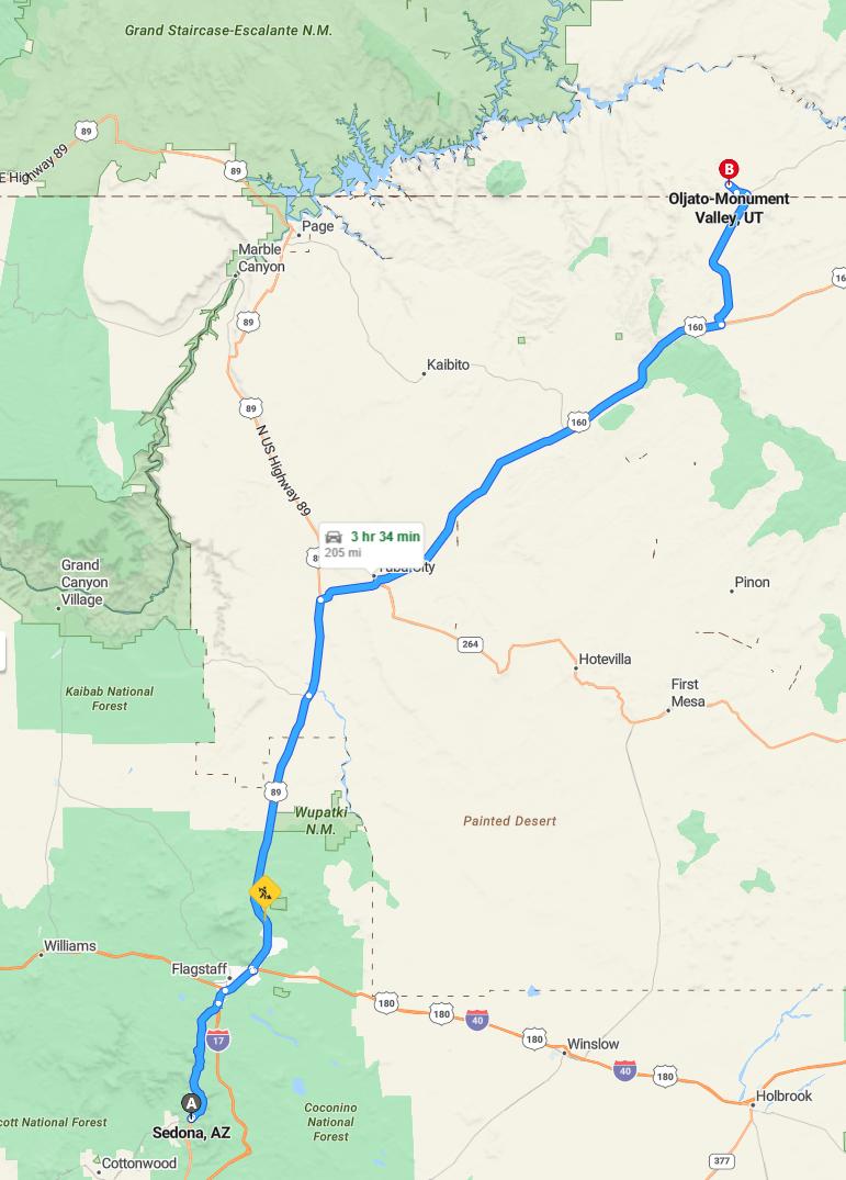 driving from Sedona, Arizona to Monument ValleyUtah - map and route