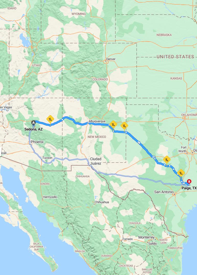 driving from Sedona, Arizona to PaigeTexas - map and route