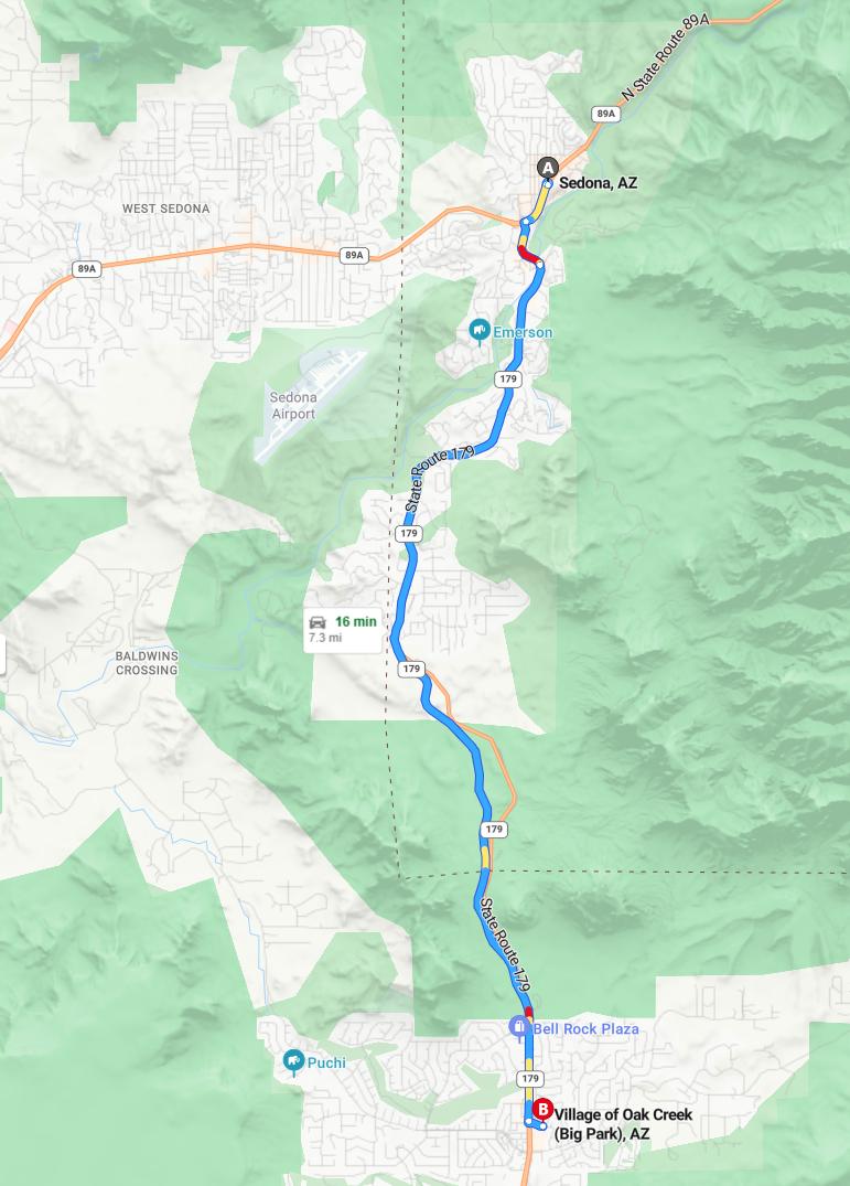 driving from Sedona, Arizona to Village of Oak CreekArizona - map and route