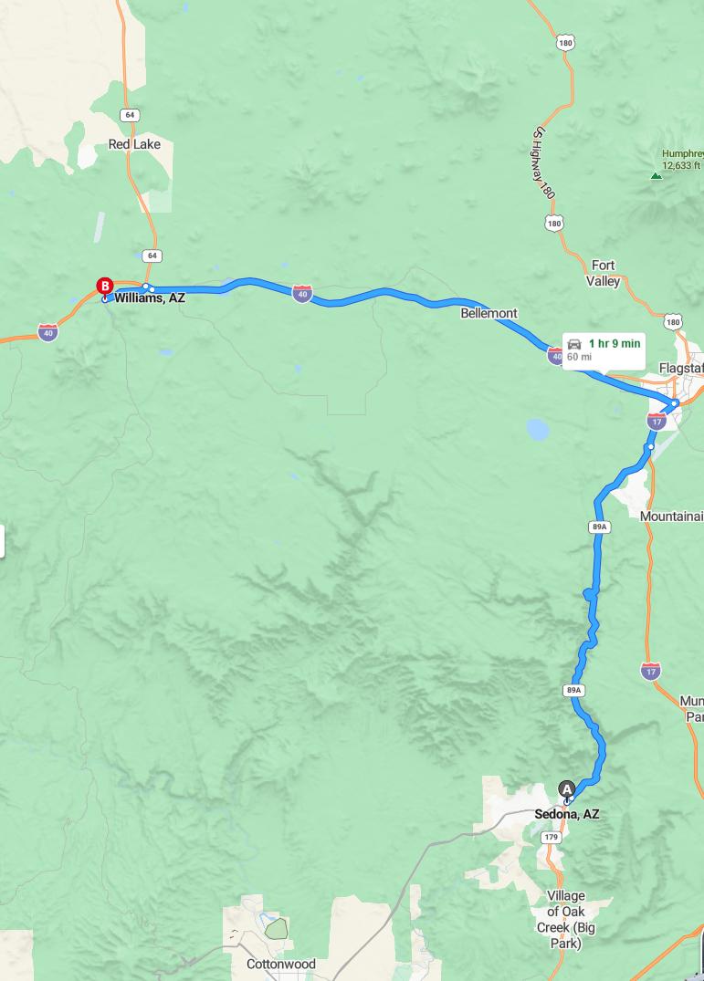 driving from Sedona, Arizona to WilliamsArizona - map and route