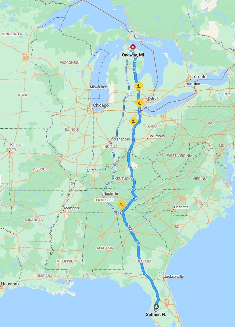 driving from Seffner, Florida to OnawayMichigan - map and route