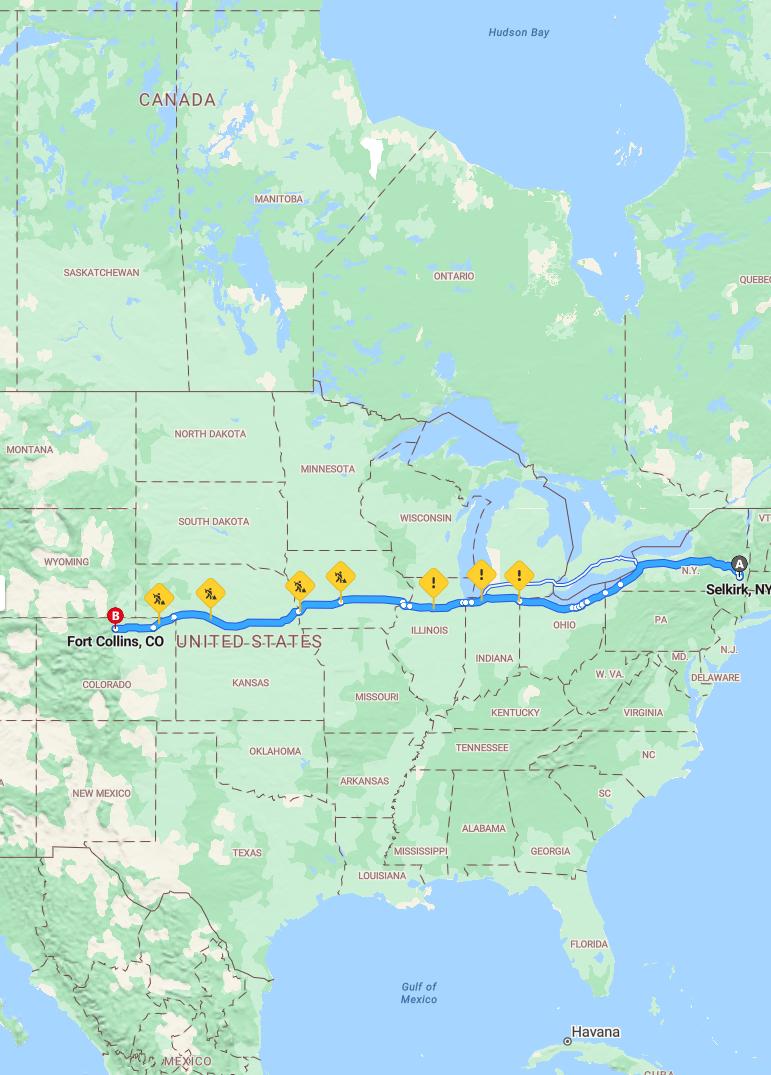 driving from Selkirk, New York to Fort CollinsColorado - map and route