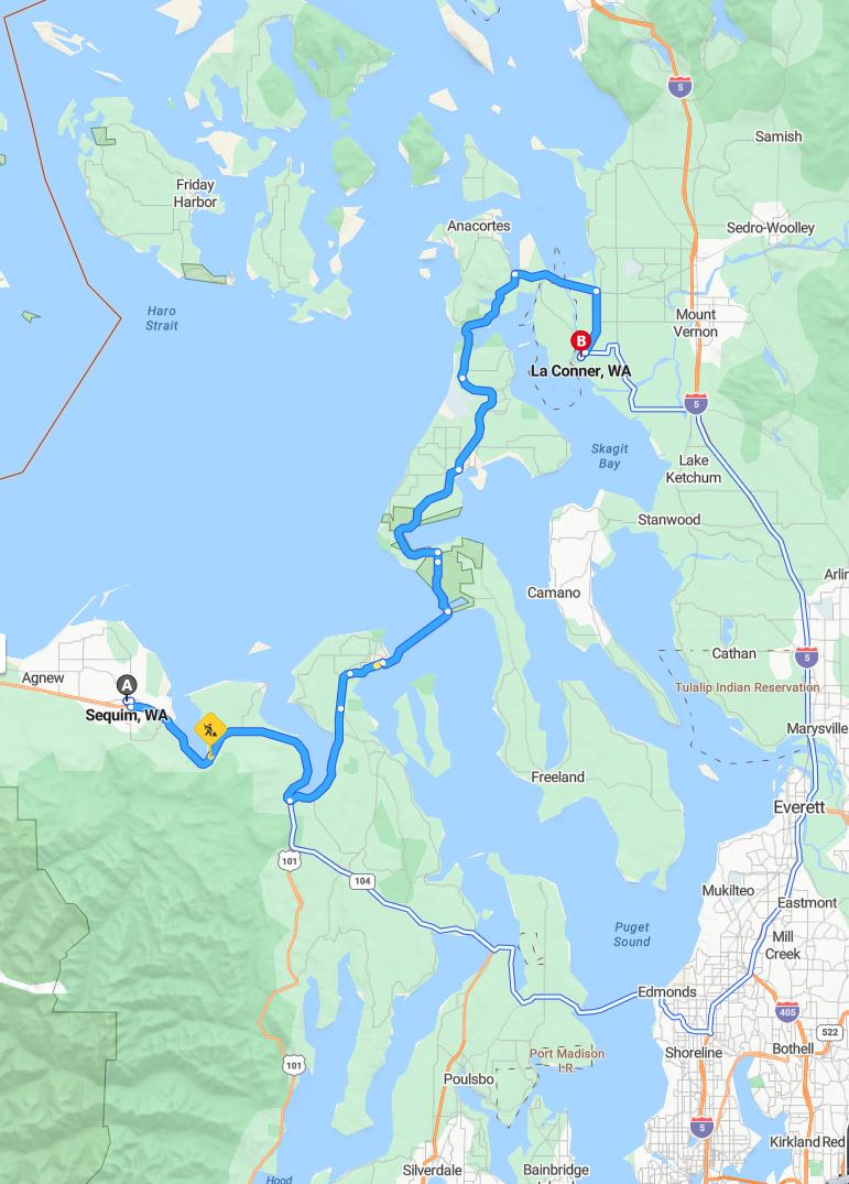 driving from Sequim, Washington to La ConnerWashington - map and route