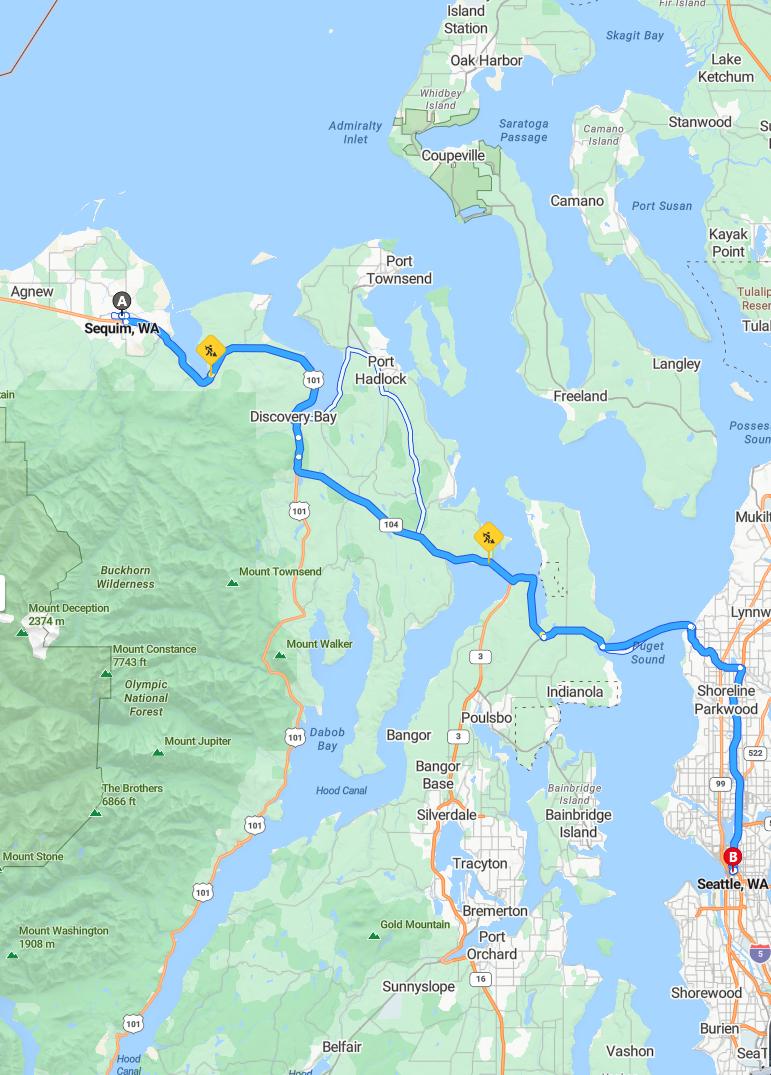 driving from Sequim, Washington to SeattleWashington - map and route