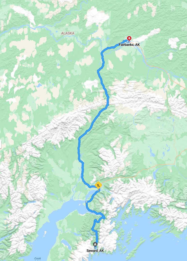 driving from Seward, Alaska to FairbanksAlaska - map and route