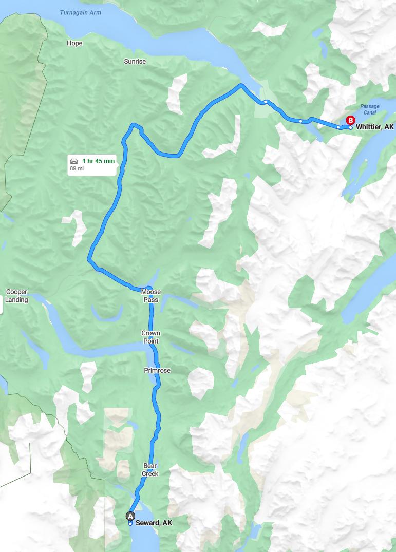 driving from Seward, Alaska to WhittierAlaska - map and route