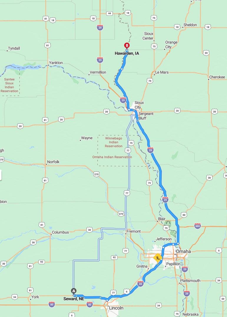 driving from Seward, Nebraska to HawardenIowa - map and route