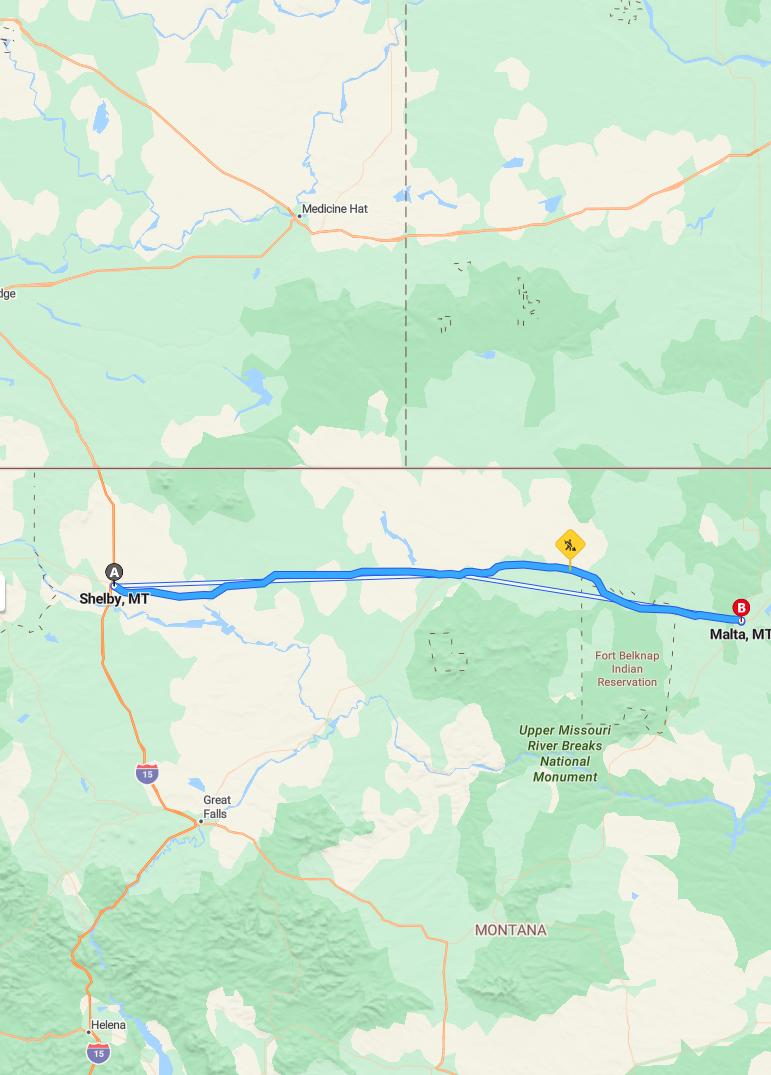 driving from Shelby, Montana to MaltaMontana - map and route