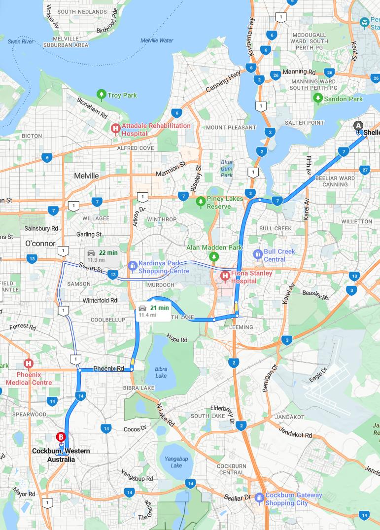 driving from Shelley, Western Australia to CockburnWestern Australia - map and route