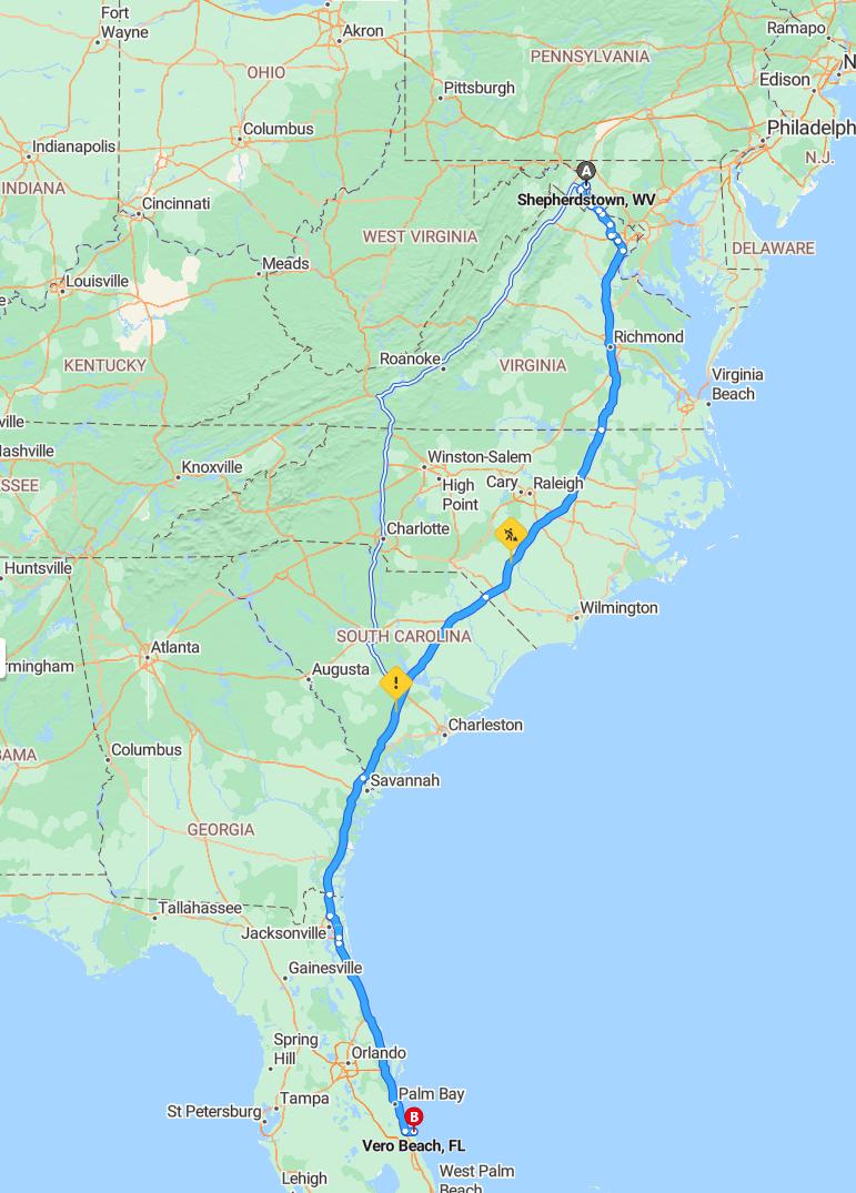 driving from Shepherdstown, West Virginia to Vero BeachFlorida - map and route
