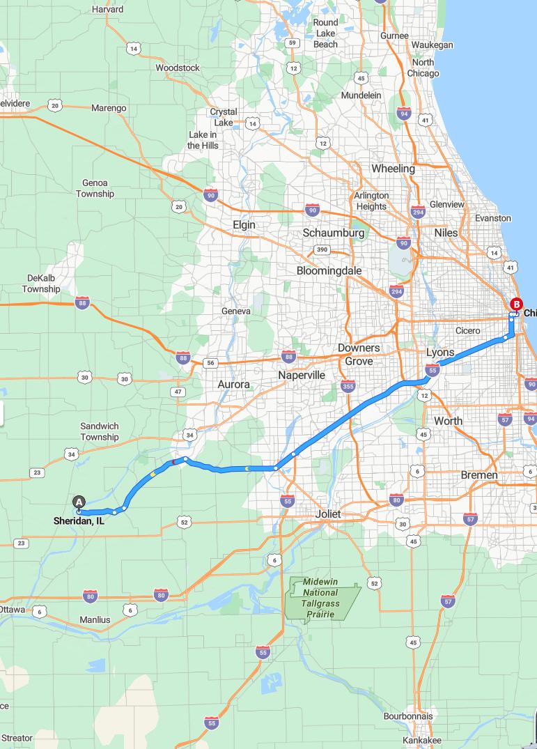 driving from Sheridan, Illinois to ChicagoIllinois - map and route