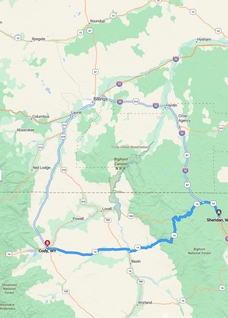 driving from Sheridan, Wyoming to CodyWyoming - map and route