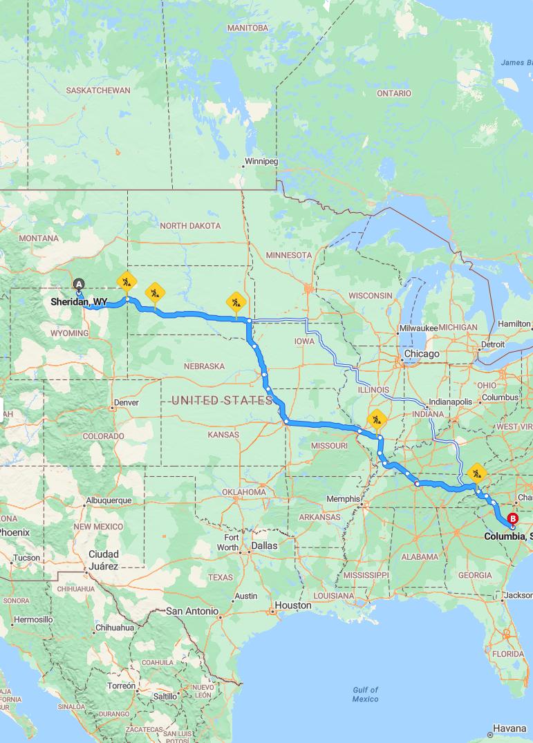 driving from Sheridan, Wyoming to ColumbiaSouth Carolina - map and route