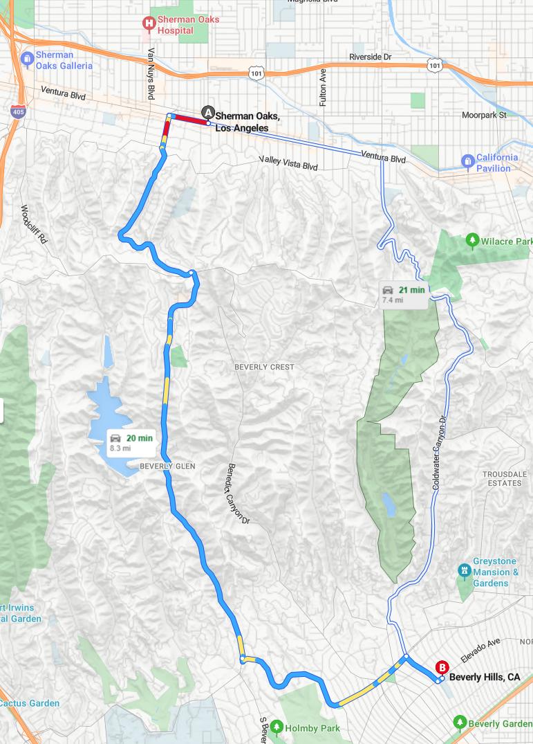 driving from Sherman Oaks, California to Beverly HillsCalifornia - map and route