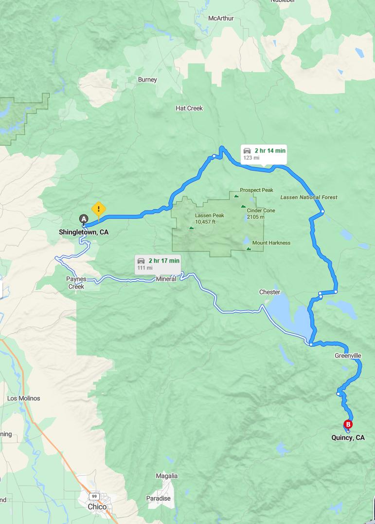 driving from Shingletown, California to QuincyCalifornia - map and route
